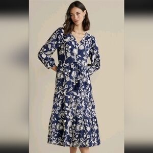 Soft Surroundings Tilda Floral Navy Embroidered Boho Tassel Tiered Midi Sz M